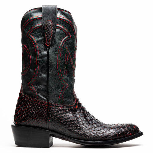 Marco Di Milano Kansas cowboy boots. Black cherry python upper with black leather accents. Round toe, decorative red stitching, and pull tabs. Slightly raised heel.