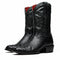 Marco Di Milano Kansas cowboy boots: Black, round toe, mix of leather & python. Black color with textured python pattern. Decorative stitching and pull tab. Flat, stable soles.