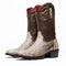Marco Di Milano Kansas cowboy boots. Round toe, calf-high. Light python upper, dark leather shaft, red interior. Black sole/heel. Decorative stitching.