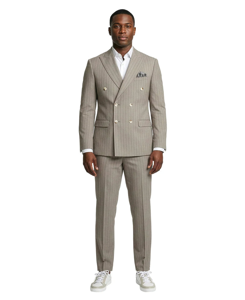 Khaki Pinstripe Double-Breasted Slim Fit 2-Piece Suit