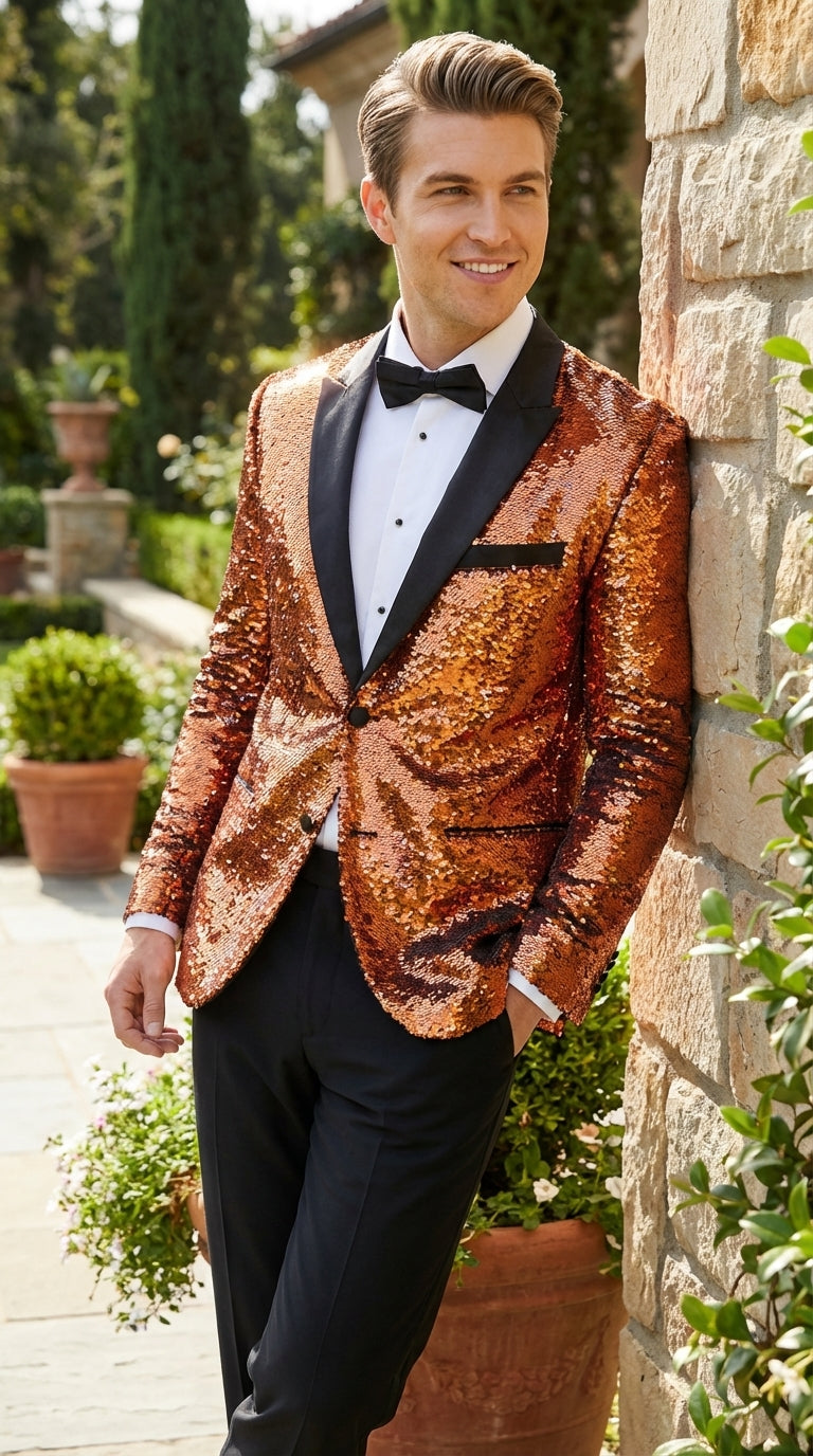 Mens Orange Sequin Blazer Tuxedo Dinner Jacket ā Shiny Party Dinner Jacket with Black Lapel for Wedding, Prom, Stage Kingsman Jacket