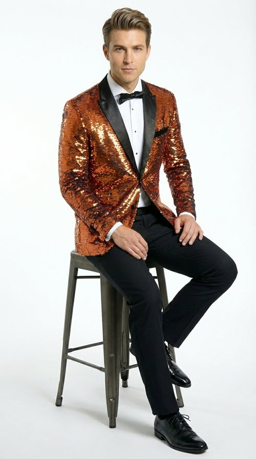 Mens Orange Sequin Blazer Tuxedo Dinner Jacket ā Shiny Party Dinner Jacket with Black Lapel for Wedding, Prom, Stage Kingsman Jacket