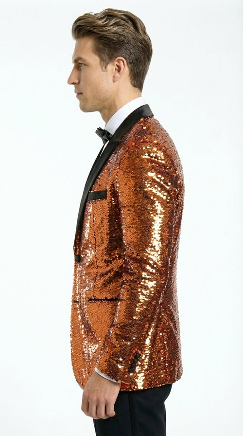 Mens Orange Sequin Blazer Tuxedo Dinner Jacket ā Shiny Party Dinner Jacket with Black Lapel for Wedding, Prom, Stage Kingsman Jacket