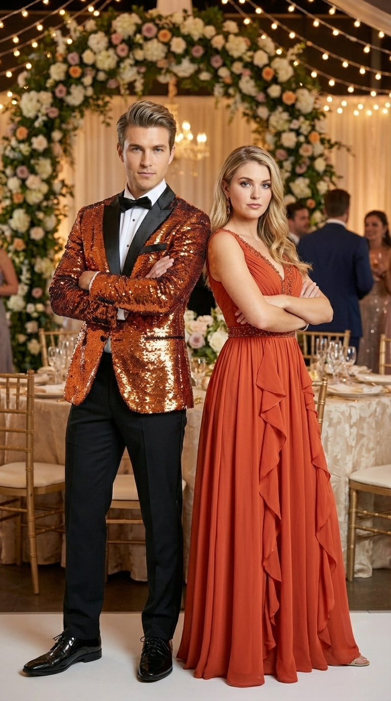 Mens Orange Sequin Blazer Tuxedo Dinner Jacket ā Shiny Party Dinner Jacket with Black Lapel for Wedding, Prom, Stage Kingsman Jacket