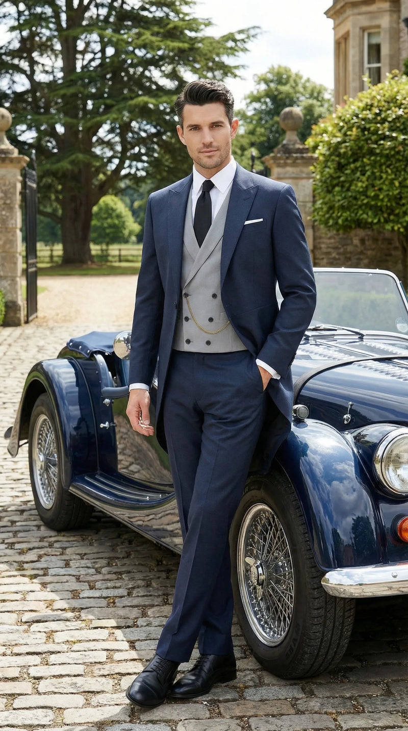 Men’s Navy Blue Three-Piece Formal Suit – Cutaway Blazer and Trousers for Wedding Tailcoat