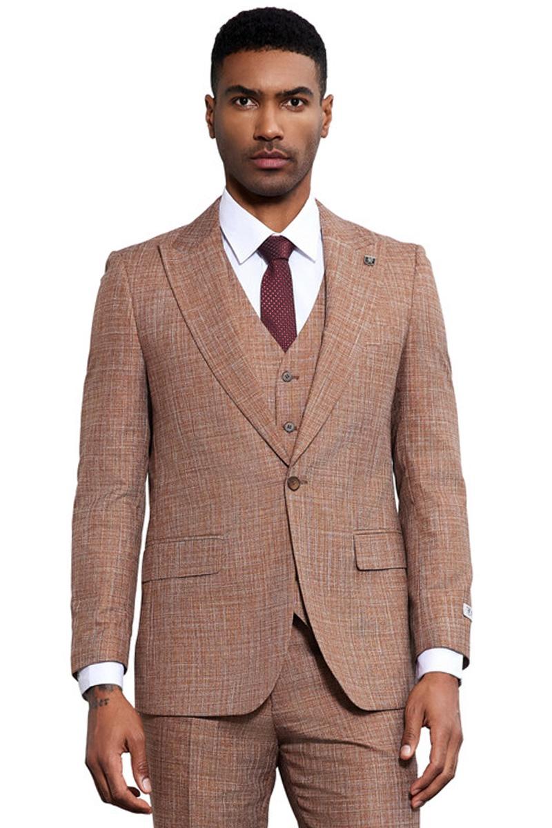 Light rust Stacy Adams men's suit with sharkskin weave. Tailored jacket, matching vest, structured fit. Notched lapels, two front pockets.