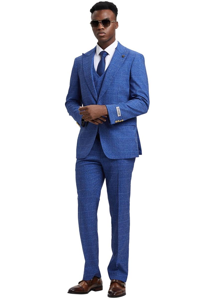 Men's Stacy Adams peak lapel suit. Blue windowpane plaid. Double-breasted vest. Tailored fit jacket & trousers. Checkered pattern.