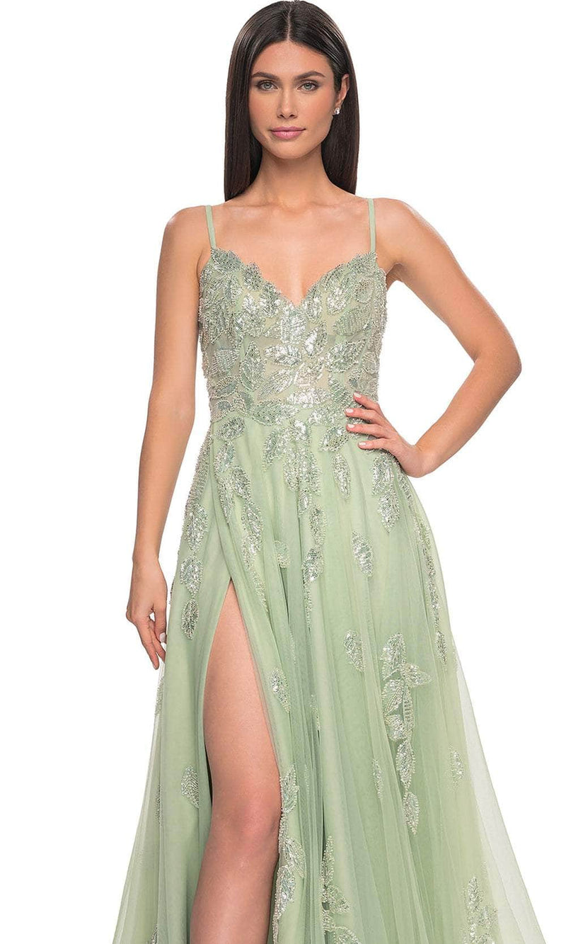 La Femme 32090 V-Neck Beaded Foliage Prom Gown