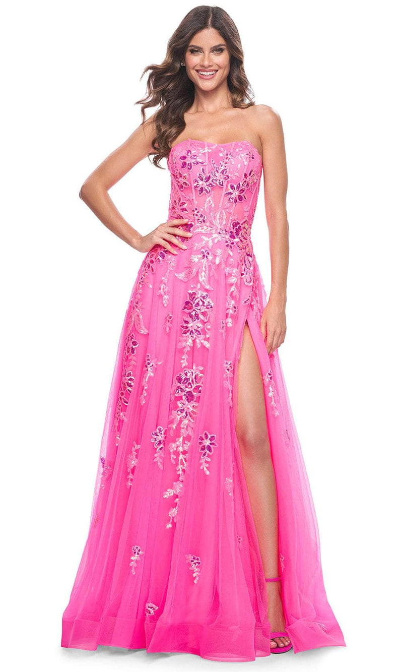 La Femme 32137 Strapless Sequin Floral Prom Gown