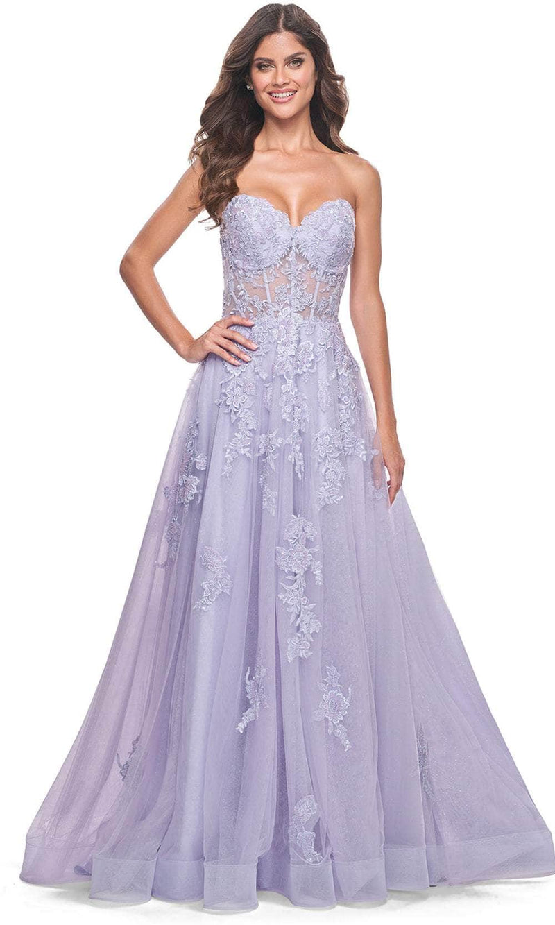 La Femme 32145 Sweetheart Appliqué A-line Prom Dress Slit Strapless Evening Gown