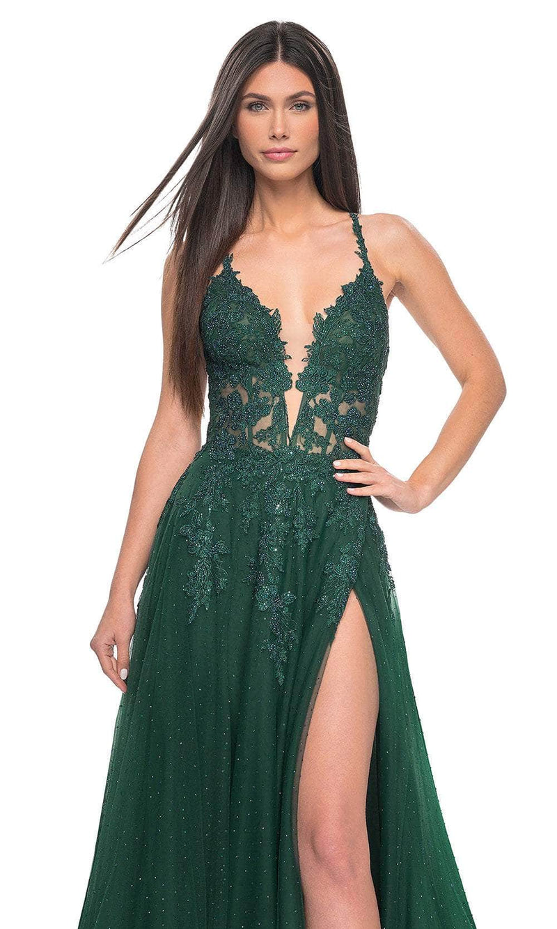 La Femme 32147 Lace Applique Prom Dress with Slit