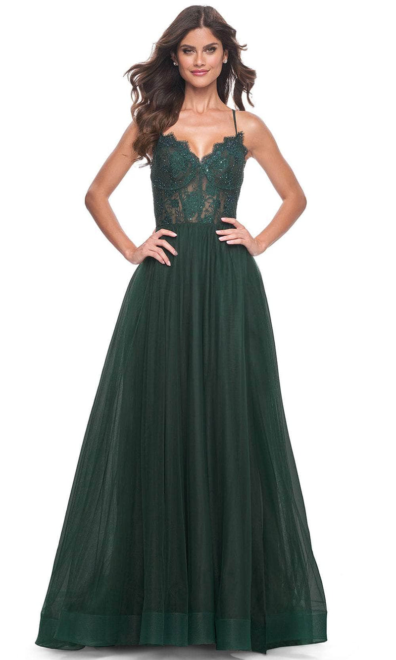 La Femme 32306 V-Neck Sheer Lace Bodice Prom Dress
