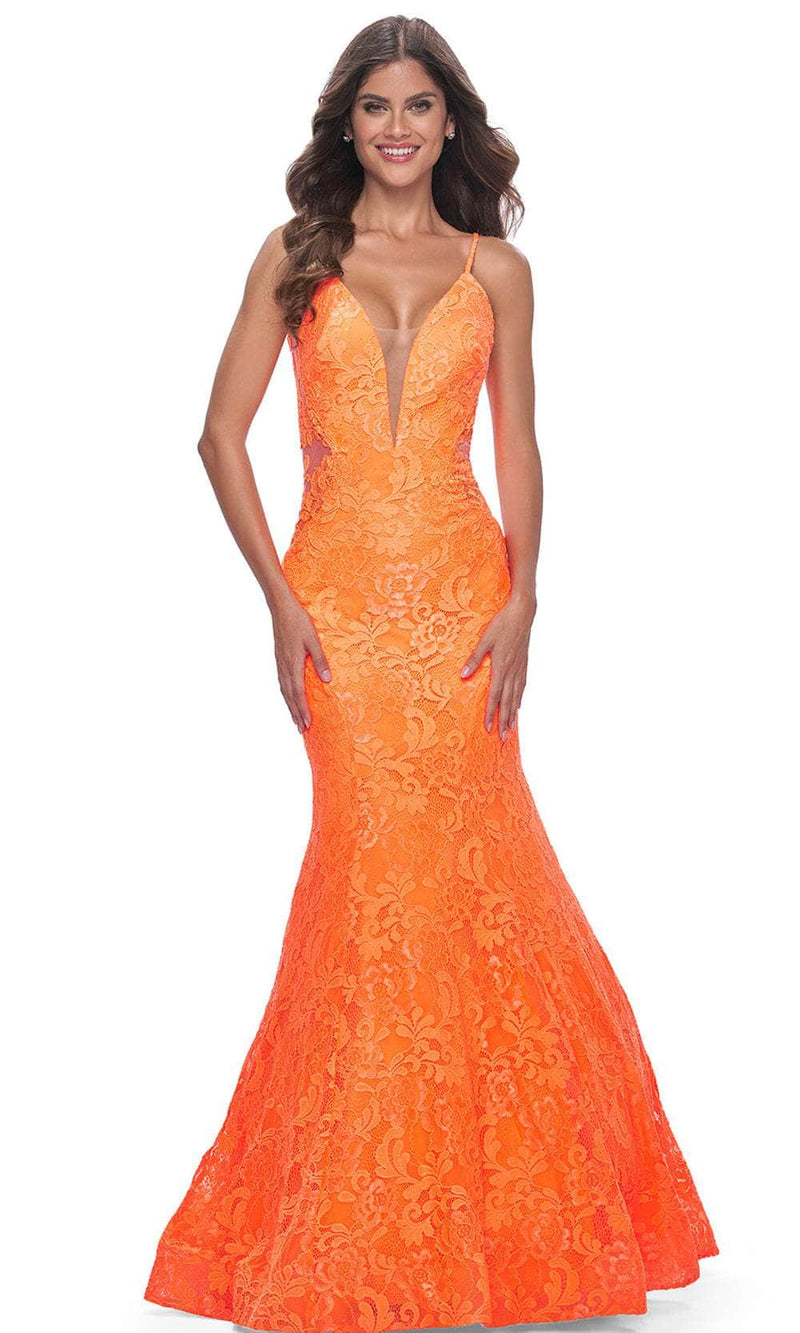 La Femme 32314 Plunging Neckline Floral Lace Prom Gown