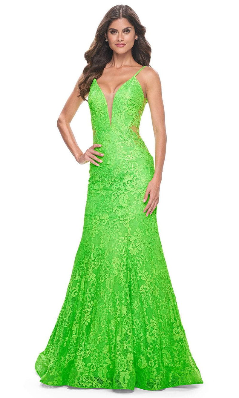 La Femme 32314 Plunging Neckline Floral Lace Prom Gown