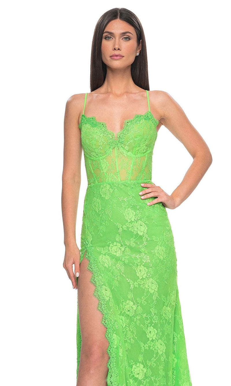La Femme 32441 Floral Lace V-Neck Neon Prom Gown