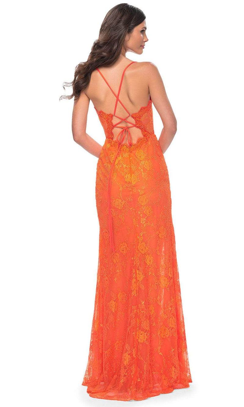 La Femme 32441 Floral Lace V-Neck Neon Prom Gown