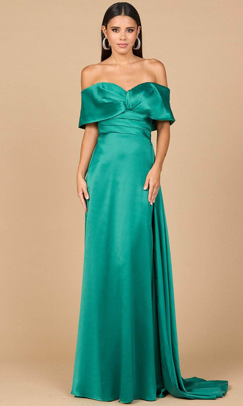Lara 28945 Off Shoulder Satin Formal Dress Long Side Cape Mother of the Bride Dress