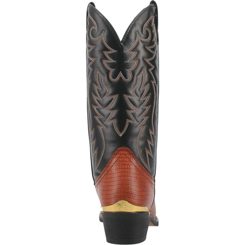 Dan Post men's dorsal boots: Black fish leather upper with detailed stitching meets a textured brown leather lower. Square toe, pointed shaft, decorative elements, and a structured heel with gold accent.