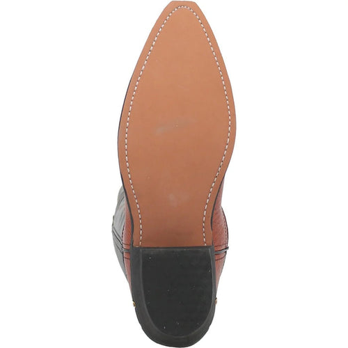 Dan Post men's square toe boots crafted with genuine fish leather. Brown upper with textured pattern, contrasting light sole, and subtle white stitching for a stylish look.