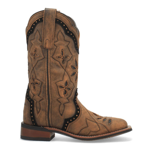 Laredo women's leather boots with honey-colored upper, floral embossing, and square toe. Stacked heel, decorative stitching, and pull tab included.