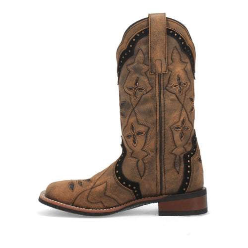 Laredo women's Bouquet boots: Tan leather with floral embroidery, black accents. Broad square toe, low stacked heel, pull tab. Contrasting stitching enhances the design.
