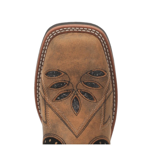 Laredo women's leather boots with honey-colored upper. Embossed leaf patterns and decorative stitching. Broad square toe design with intricate textures.