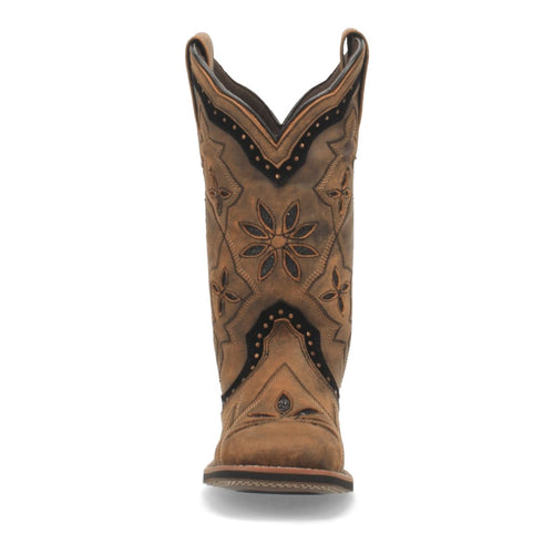 Laredo women's honey-colored leather boots with floral design, broad square toe, mid-calf height, and black stitching. Pointed top, layered construction, and reinforced edges.