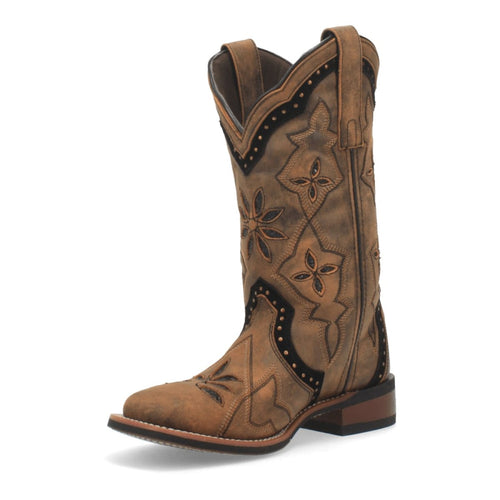 Laredo women's Bouquet boots: Honey leather, decorative stitching, floral patterns. Broad square toe, stacked heel, side pull tabs. Slightly curved shaft, contrasting outsole.