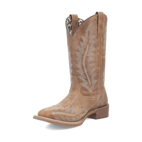 Laredo Cheyenne women's boots. Tan, smooth leather, broad square toe. Knee-high shaft with leaf & zigzag stitching. Low stacked heel. Leopard print lining for a stylish, stable design.
