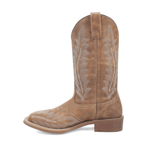 Laredo Cheyenne women's boots: tan suede, distressed look. Intricate leaf embroidery on the shaft. Low stacked heel. Traditional cowboy style with a broad square toe.