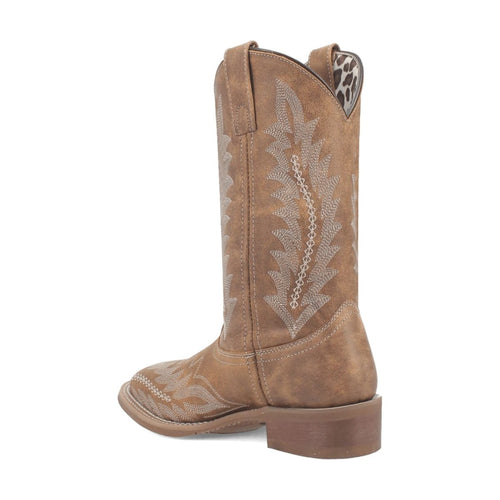 Laredo Cheyenne women's tan leather boots. Tall shaft, decorative leaf stitching, broad square toe, smooth leather, low heel. Western-style silhouette with a pointed top.