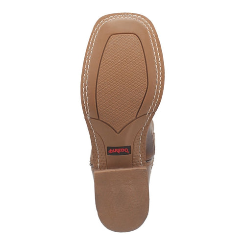 Laredo Dionne women's boots: Brown leather, broad square toe, flat heel. Tan rubber sole with grip. Smooth finish with side stitching.