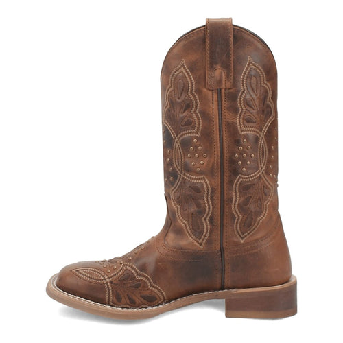 Laredo Dionne brown leather boots with broad square toe. Textured surface, decorative leaf/dot patterns on shaft. Sturdy heel, seam around the sole.