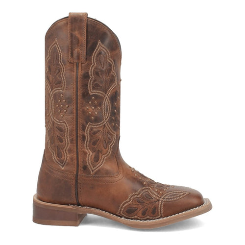 Laredo women's Dionne boots: brown leather with square toe, tall shaft, and distressed finish. Features decorative stitching, leaf patterns, studs, and a low stacked heel.