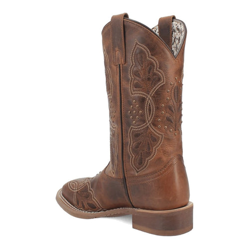 Laredo Dionne women's brown leather boots with square toe and low stacked heel. Textured exterior with intricate stitching, cut-out patterns, and perforations. Contrasting lining.