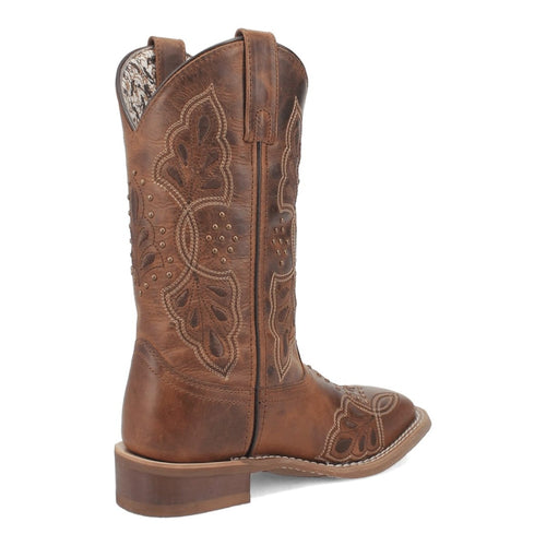 Laredo Dionne boots: Brown leather, broad square toe, decorative stitching, cut-out floral shaft design. Stacked heel for stability.