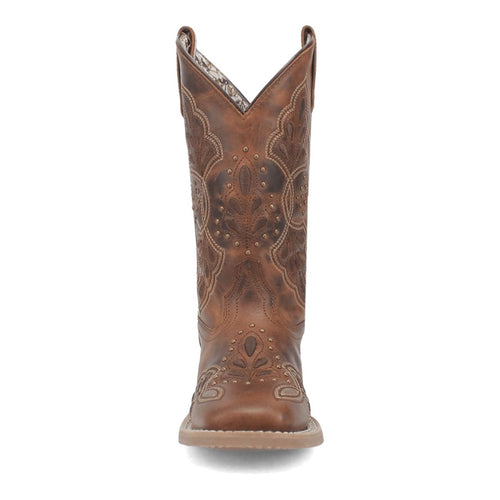 Laredo Dionne women's boots. Rich brown leather with tall shaft, broad square toe. Intricate floral & geometric stitching on shaft/toe. Durable sole, textured appearance. Slight V-cut top.