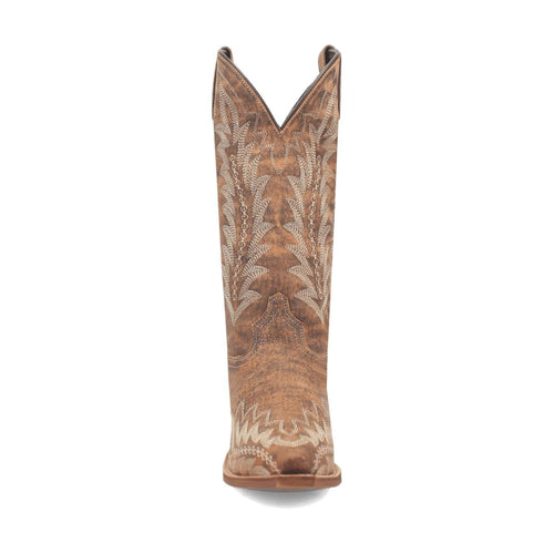 Laredo Emmylee women's leather boots with a tall, tan shaft and snip toe. Detailed stitching accents the leather construction.