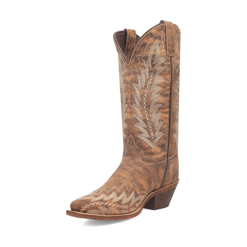 Laredo Women's Emmylee boots: tan leather, snip toe, tall shaft with Western stitching. Moderate heel, curved top for a classic cowboy boot look.