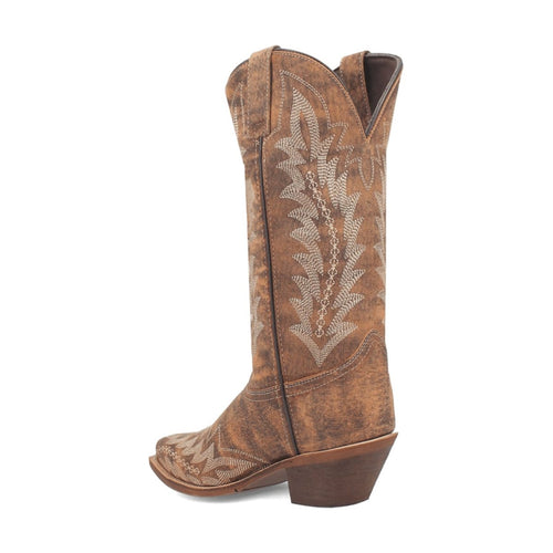 Laredo Emmylee women's tan leather boots. Tall shaft, textured leather, intricately stitched sides. Pointed snip toe, slightly raised heel. Rich tan color with tonal variations.