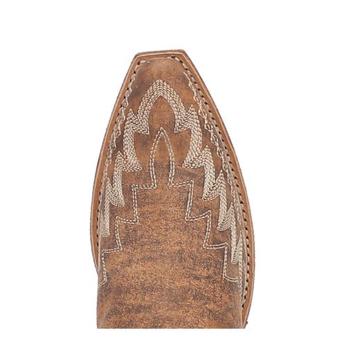 Laredo Emmylee snip-toe women's boots. Tan leather construction with pointed toe. Light-colored, zigzag decorative stitching prominently contrasts against the boot's color.