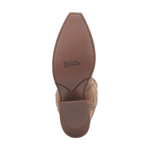 Laredo Emmylee women's tan leather boots with a pointed snip toe. They have a smooth leather upper and a brown rubber sole for durability and style.