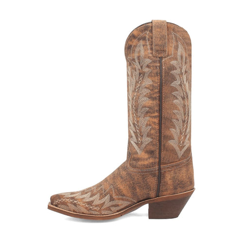 Laredo Emmylee women's boots: Tan leather upper, snip toe, and stacked heel. Leaf pattern stitching on the shaft. Stylish and subtly elevated.