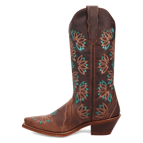 Laredo women's leather boots with a snip toe, high shaft, and dark brown leather. They feature turquoise & light brown floral embroidery, a stacked heel, and a smooth finish.