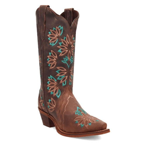 Laredo women's Filly boots in tobacco leather. Tall shaft with floral embroidery, pointed toe, and block heel. Brown & turquoise accents.