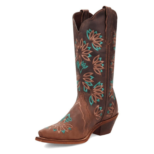 Laredo women's brown leather boots with a snip toe, floral embroidery, and a scalloped shaft. Features a stacked heel.