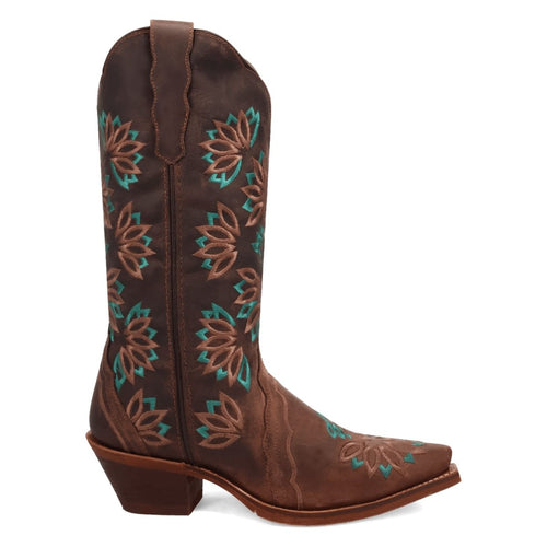 Laredo women's Filly boots: Brown leather with turquoise/brown floral embroidery. Snip toe, stacked heel. Knee-high shaft with decorative seam, smooth finish, and subtle contour.