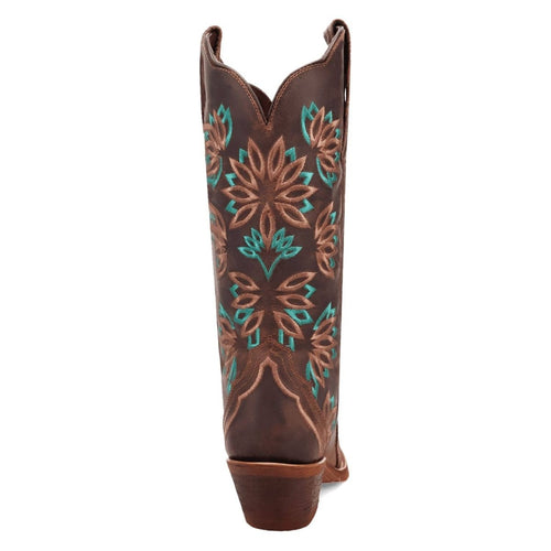 Laredo women's tobacco leather boots. Tall shaft, snip toe, curved heel. Brown leather with turquoise/cream floral embroidery. Smooth, shiny finish. Classic western style.