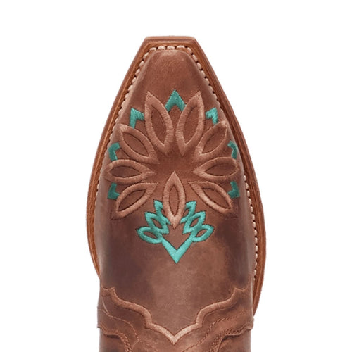 Laredo women's tobacco leather boots with a snip toe and turquoise floral embroidery. Brown leather upper with visible stitching details.