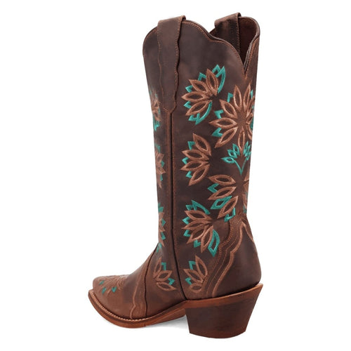 Laredo women's leather boots in dark tobacco. Snip toe, mid-heel, and fitted shape. Shaft with floral stitching (brown/teal) and scalloped top design.